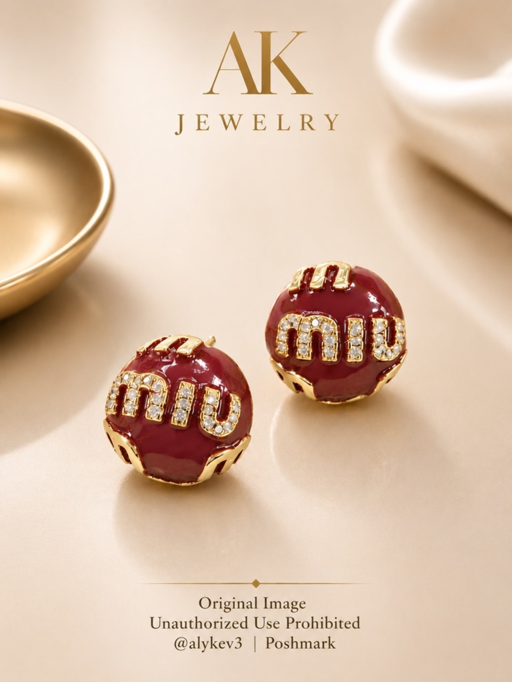 💎 Luxury Burgundy Crystal Stud Earrings | Gold-Tone Elegant Studs | AK Jewelry
